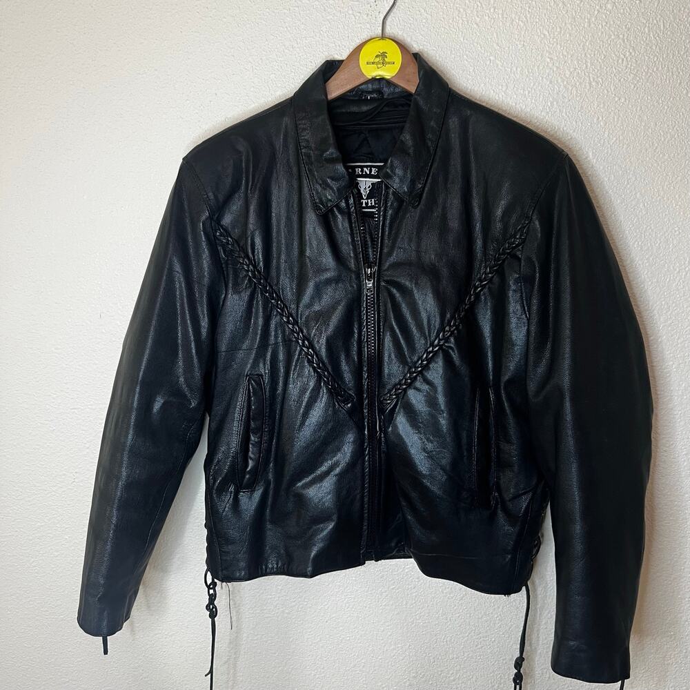 Barney’s Leather Black Braided lace Up Lined Moto Motorcycle Jacket WOMENS LARGE